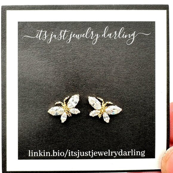 Womens Earrings 10K Yellow Gold Cubic Zirconia Butterfly Studs Pierced - Picture 2 of 4
